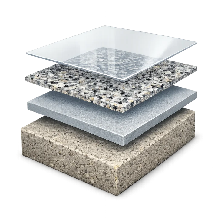 Step-by-step diagram of the High Desert Garage concrete coating process: prep, grind, base coat, flakes, topcoat